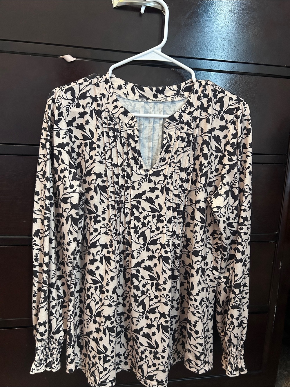 Amazon Floral Print Long-Sleeve Tunic Top - Black on Cream